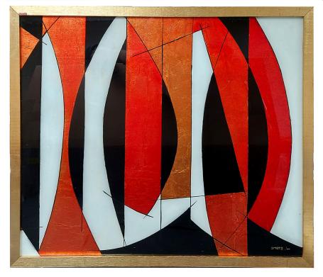 Achterglas schildering, Abstractie zeilen in de wind – Verre églomisé – Léon Smets – XXe siècle