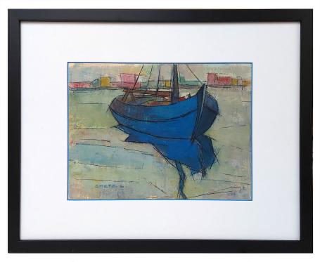 Gouache, vissersboot aan de Belgische kust