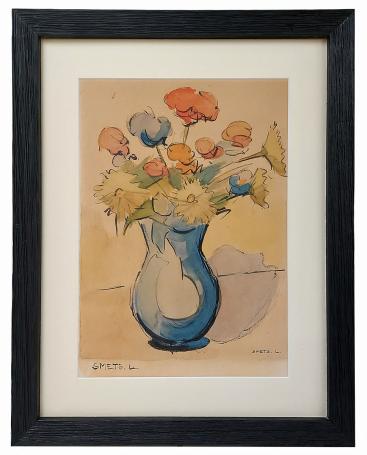 Aquarel, bloemen in blauw vaasje op tafel