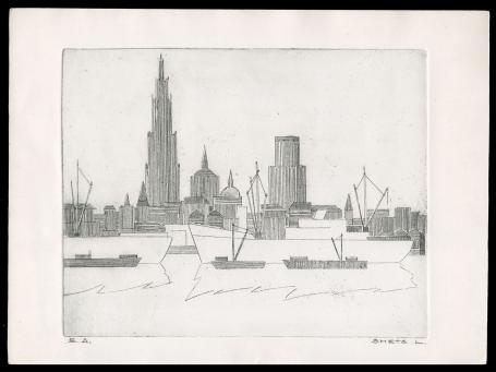 Boten op de Schelde aan de Antwerpse skyline EA