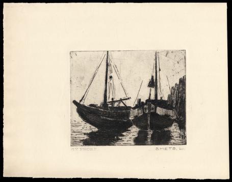 Burijngravure, twee vissersboten aan de kust 1ste PROEF