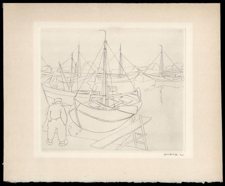 Burijngravure, visser in de vissershaven