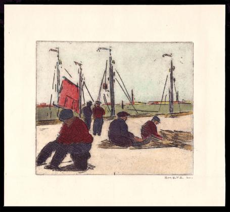 Opgehoogde gravure, Vissers repareren de netten