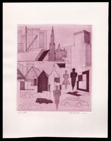 De gestileerde stad met mensen en auto's 2/10