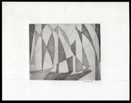 Abstract figuratief, ets vier zeilschepen