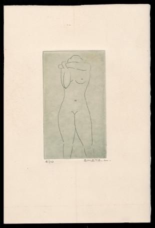 Kleine ets, naakt staand handen voor het hoofd 6/10