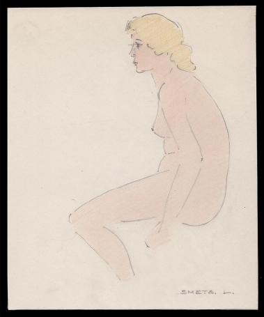 Tekening,  naakt zittende dame