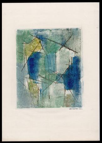 Abstractie lijnen en vlakken, Ets/monotype Bl,Gr,Geel