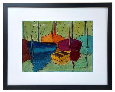 Olieverf, vissersboten met sloep in het water