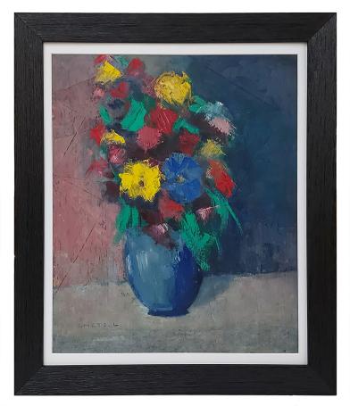 Stilleven, blauwe vaas met kleurrijke bloemen