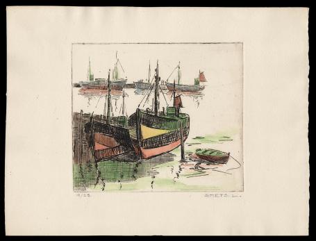 Opgehoogde ets, Vissersboten en sloep 1/25