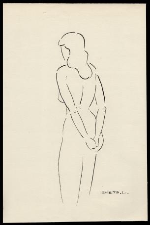 Tekening, naakte dame met handen op de rug