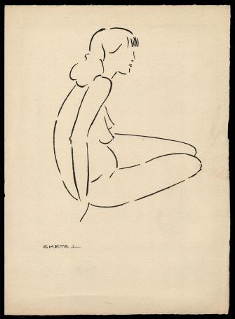 Pentekening, zittende naakte dame