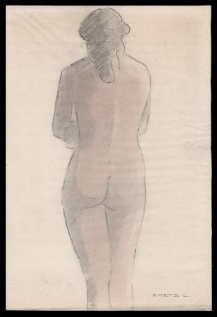 Tekening, de rug van een naakt staande vrouw