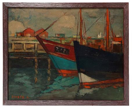 Olieverf, twee boten te Zeebrugge