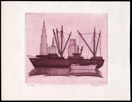 Groot schip aan de Antwerpse kade (aubergine) 2/10 Kl.