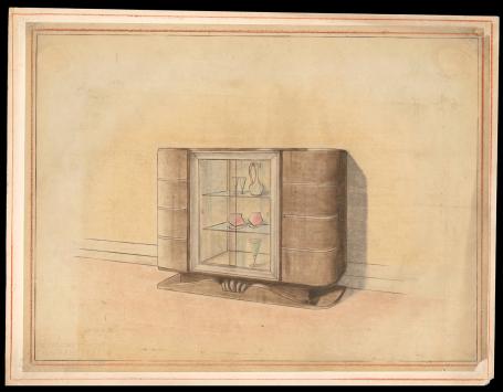 Ontwerptekening, Art Deco-meubel (vitrinekast of dressoir met middenvitrine)