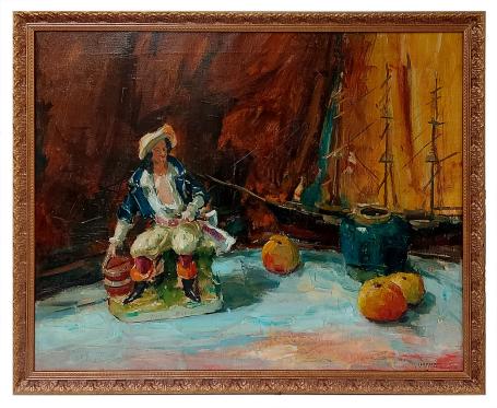 Stilleven met piraat, fruit en een blauwe bolvaas
