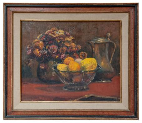 Stilleven met sierfruit en droogbloemen