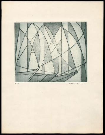Abstract figuratief, ets vier zeilschepen E.A.