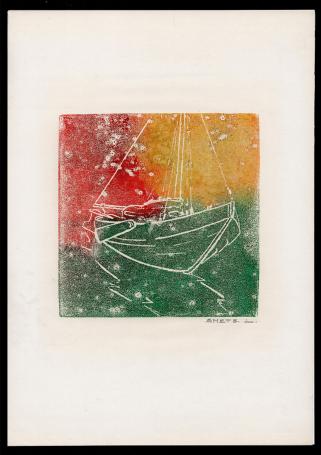 Vissersboot (ets/monotype) geel, groen en rood