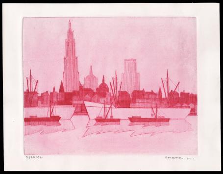 Schepen aan de Antwerpse skyline (roze/dieprood) 2/20 KL.