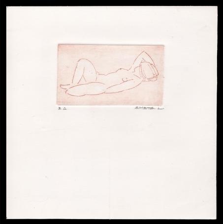 Kleine droge naald ets, naakte dame E.A.