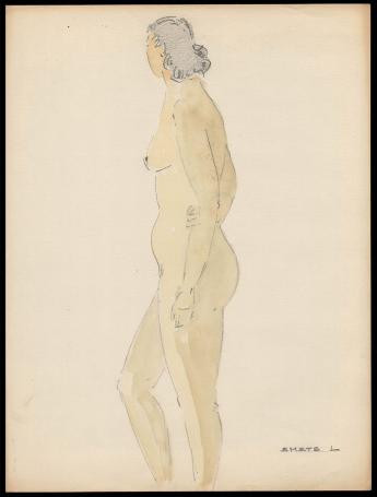 Tekening staand naakt met aquarel opgehoogd