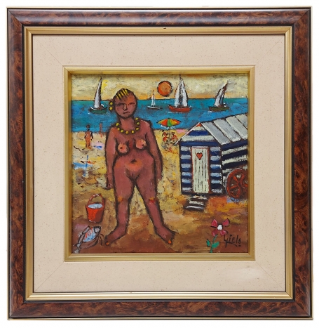 Dame aan de strandcabine