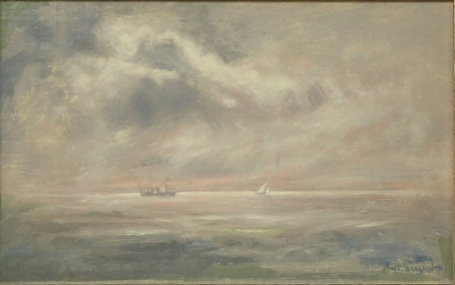 De Belgische schilder Antoon Luyckx  met een schilderij met een zeezicht