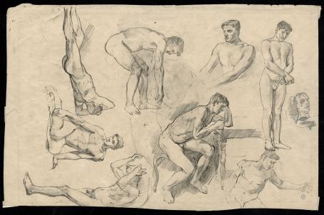 Studietekeningen, naakte mannen (voor en achter) +/- 1895