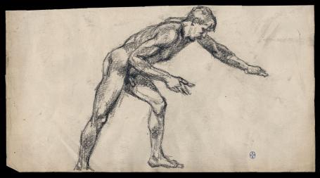 Schets, naakt voorovergebogen gespierde man (+/- 1893)