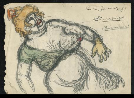 Tekening, dame naakt en mensen in studie verzonken 1899