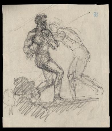 Schets, twee kampende boksers en man met hoedje (+/- 1900)