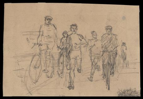 Schets, groepje renners en verzorgers (+/- 1895)