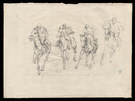 Schetsen, paarden met jockeys en rustende dame (+/- 1900)