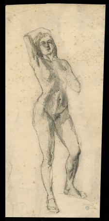 Tekening, naakte dame met hand op het hoofd (+/- 1896)