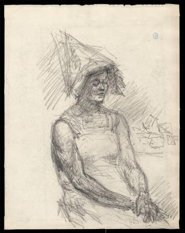 Schetsen, Vrouw met papieren zotskap en breiende dame (+/-1895)