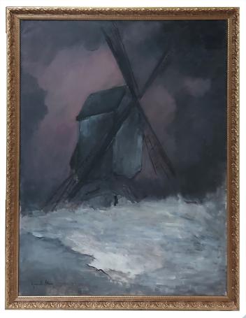 Houten windmolen (staakmolen) bij paarse lucht