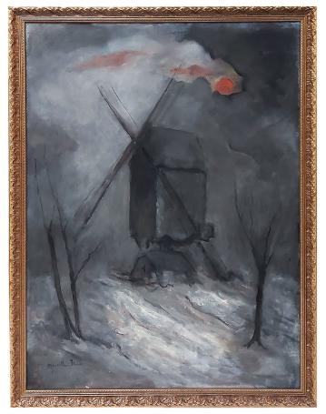 Houten windmolen (Staakmolen) bij rode maan
