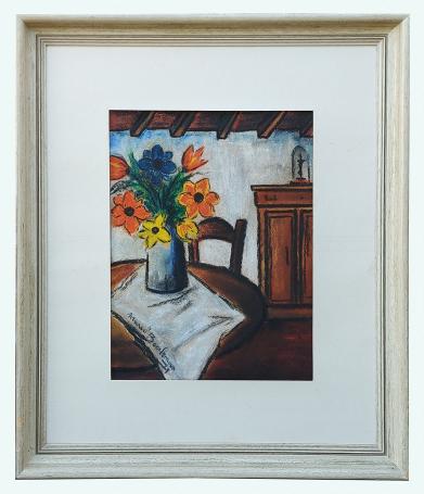 Stilleven met geel-oranje-blauwe bloemen op tafel 1979