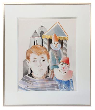 Aquarel: Kindje met twee clowns