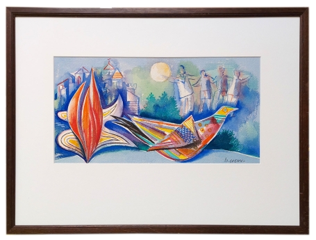 Aquarel: de bloem, de stad, de vogel en mensen