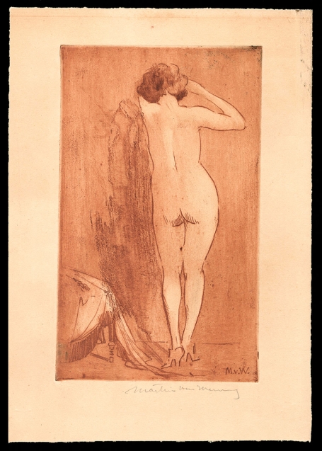 Staande naakte dame met hoge hakken