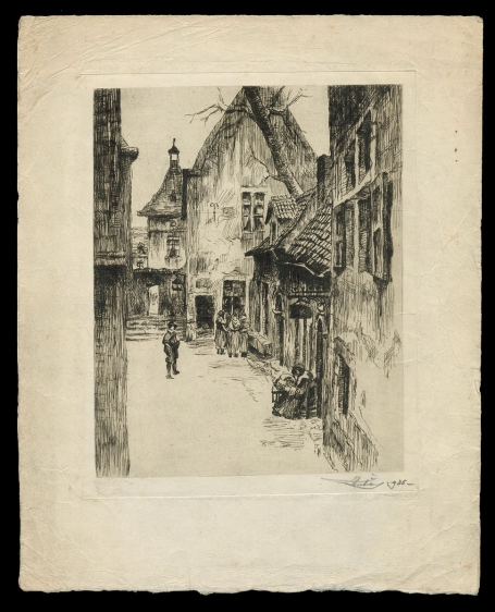 Doodlopend straatje met keuvelende mensen 1935