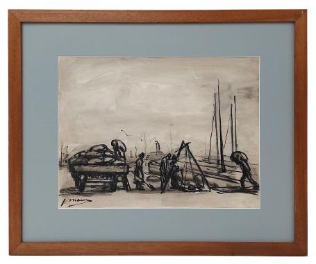 Inkttekening, laden en lossen van zakgoed in Antwerpse haven (buildragers)