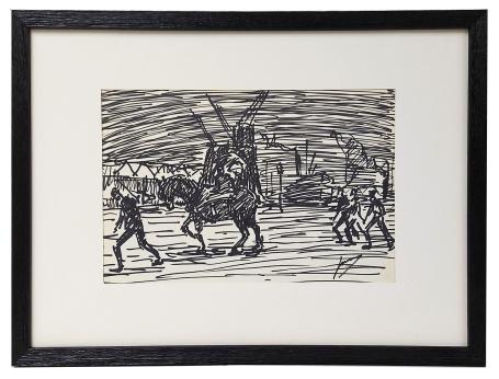 Tekening, dokwerkers met paard op stap in de Antwerpse haven