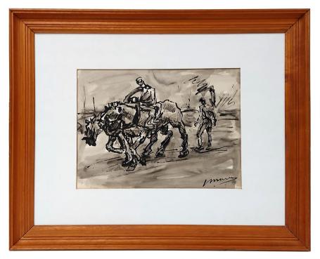 Twee dokkers met 2 natiepaarden aan het werk