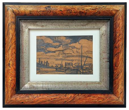 Houtskooltekening Op de werf aan de haven