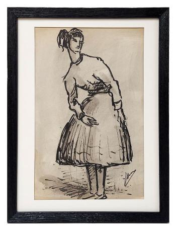 Inkttekening, dame met rok en pony